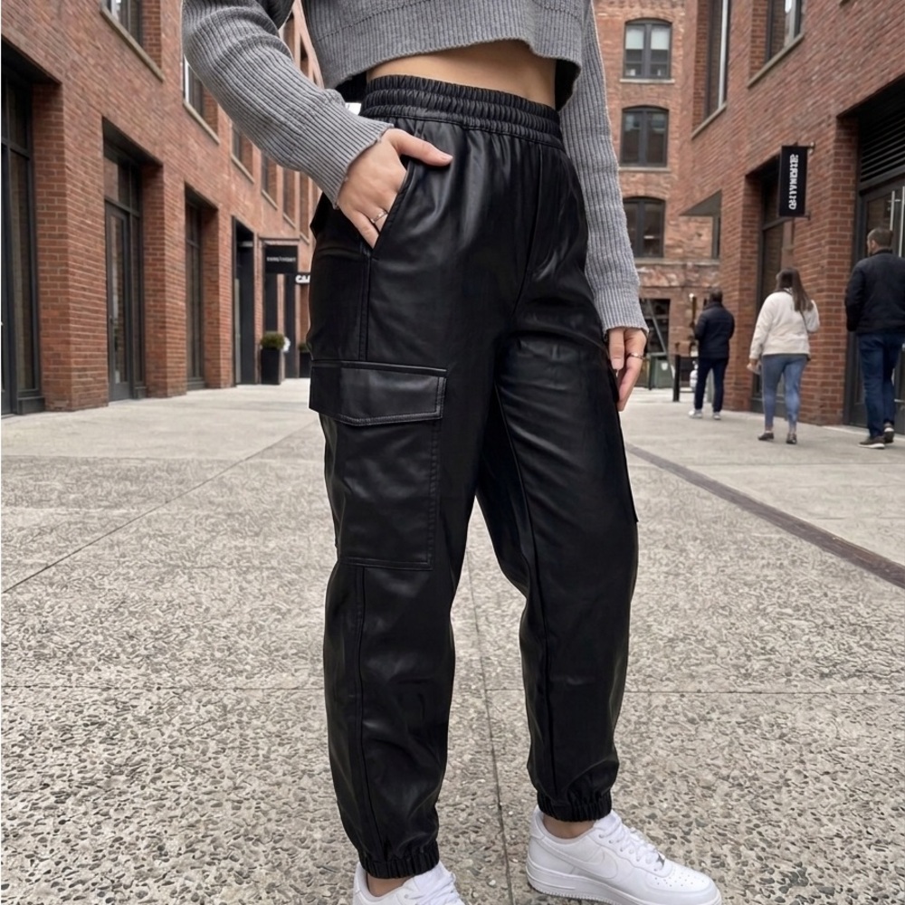 H&M Black Faux Leather Cargo Joggers